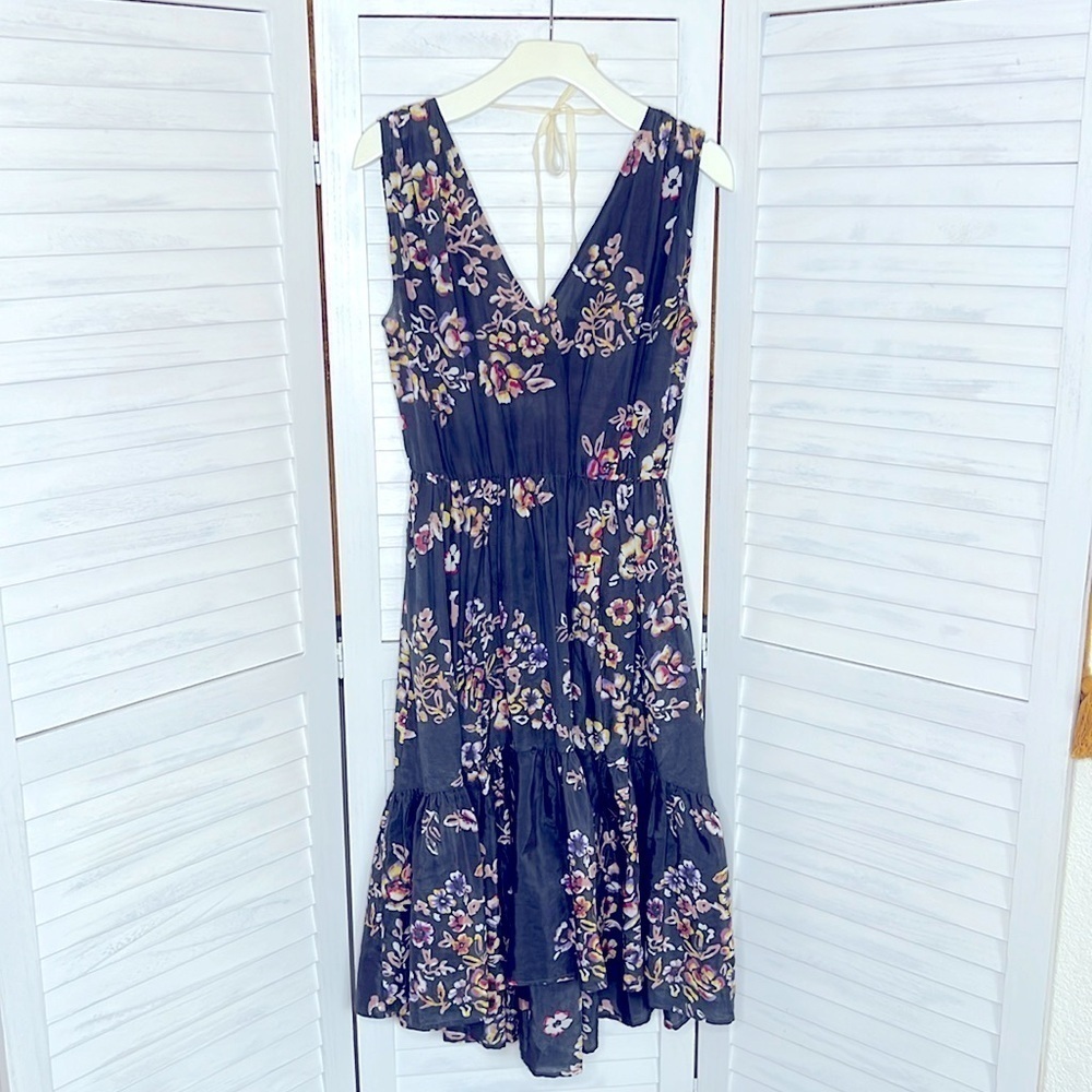 ULLA JOHNSON l Designer Gray Floral High Low Tiered Hem Sleeveless Open Back 6